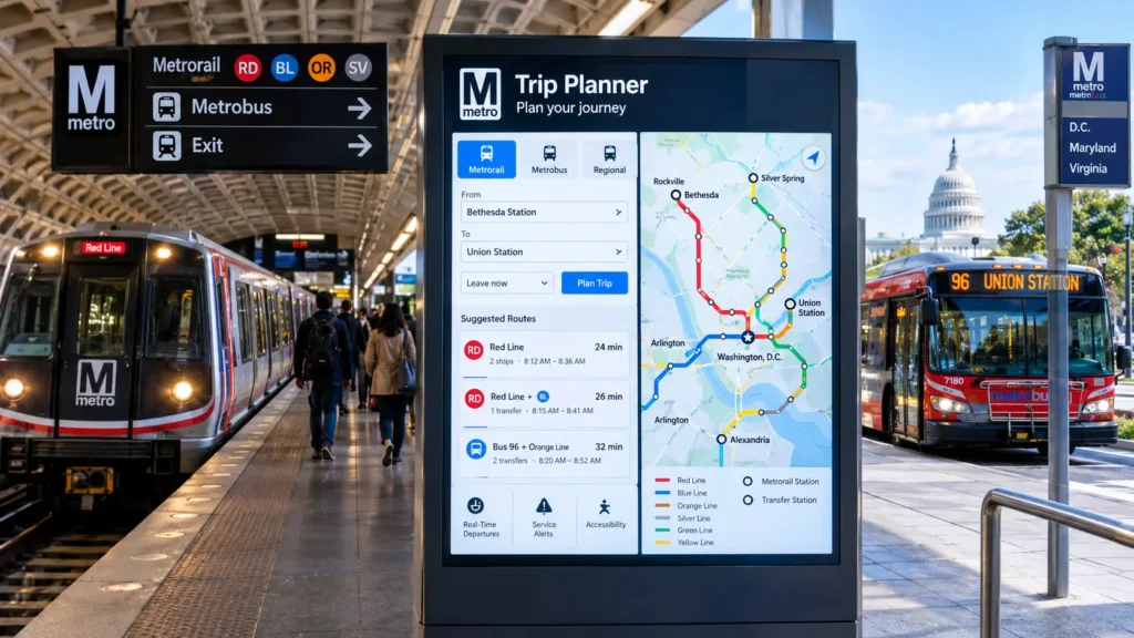 WMATA Trip Planner showing Metrorail and Metrobus routes in Washington DC