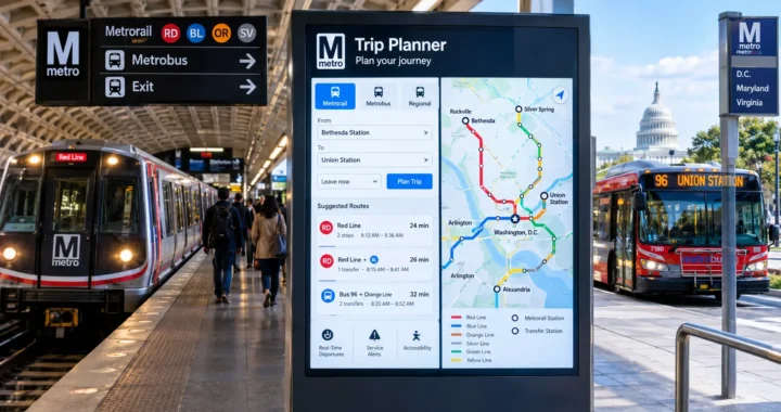 WMATA Trip Planner showing Metrorail and Metrobus routes in Washington DC