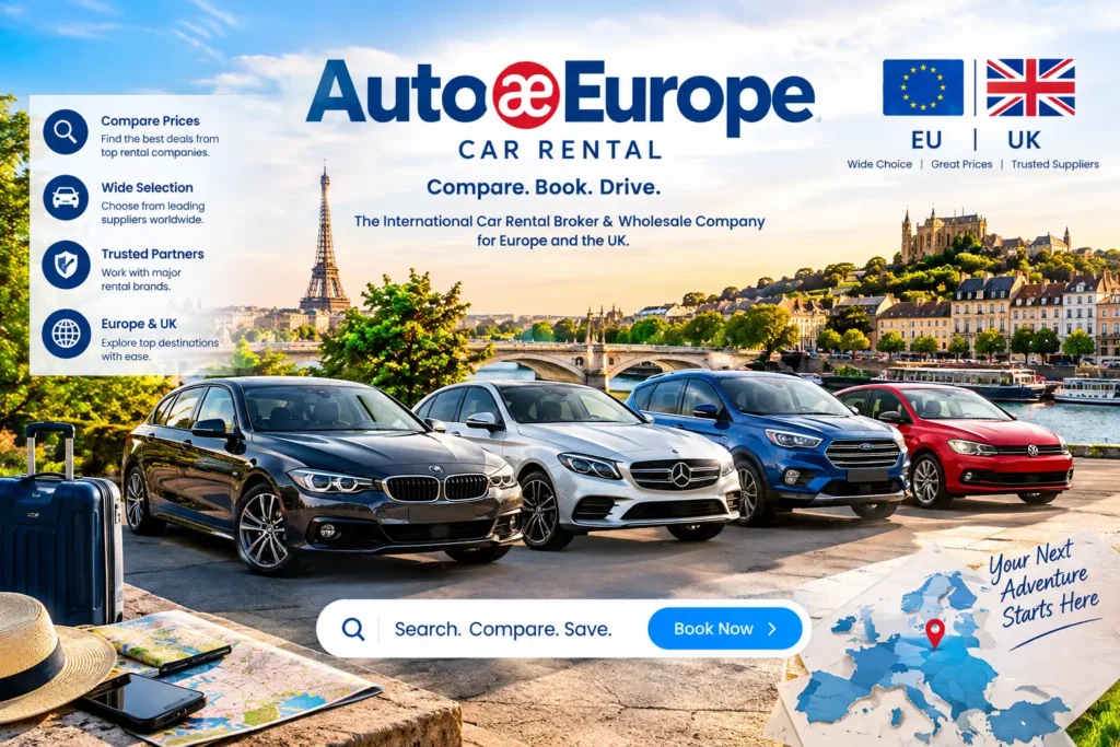AutoEurope car rental comparison screen showing EU and UK car hire prices in 2026