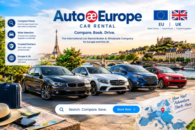 AutoEurope car rental comparison screen showing EU and UK car hire prices in 2026