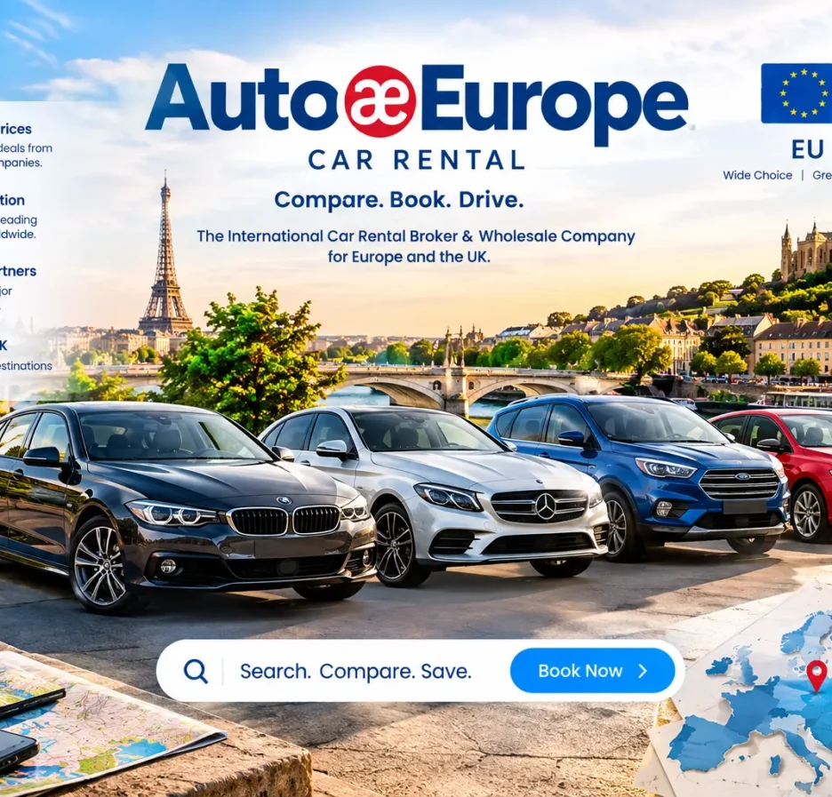 AutoEurope car rental comparison screen showing EU and UK car hire prices in 2026