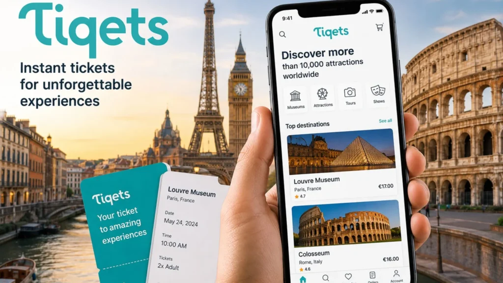 Tiqets app showing mobile tickets for Louvre Museum Paris with skip-the-line access on smartphone screen