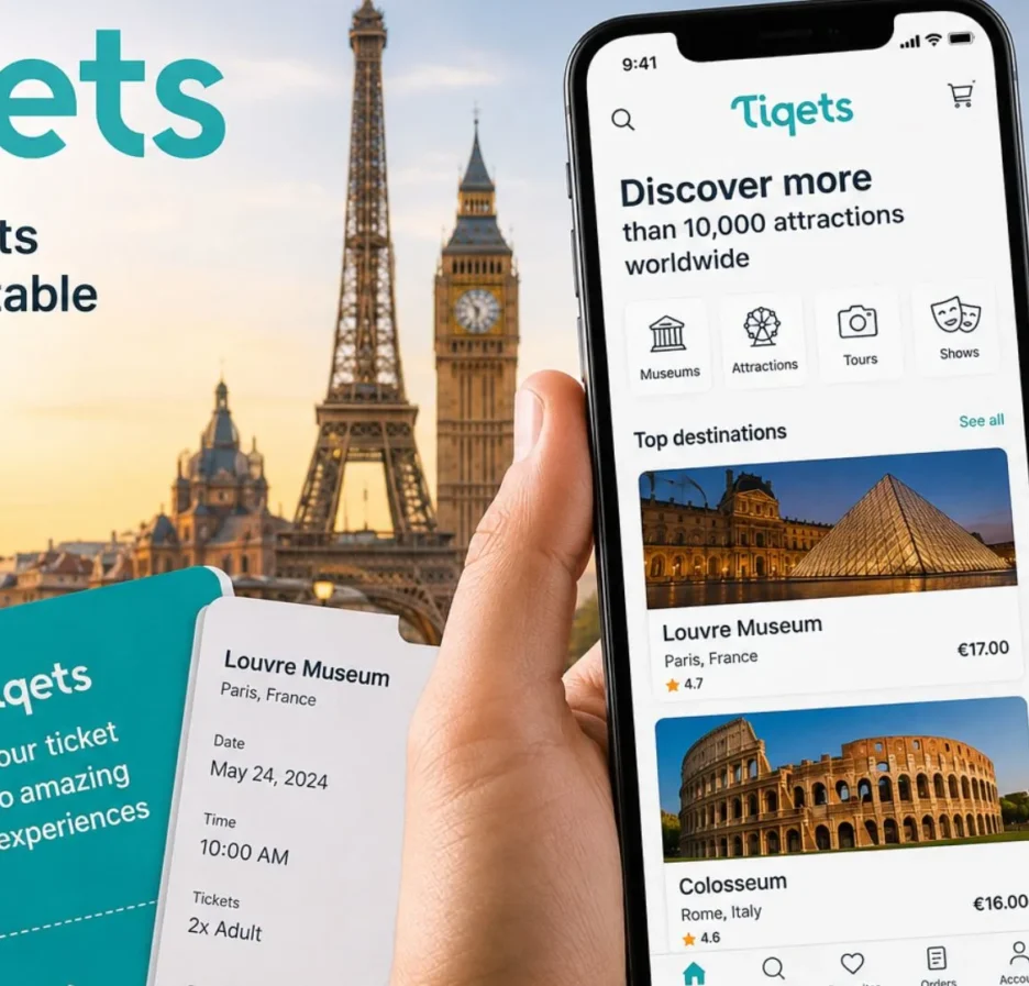 Tiqets app showing mobile tickets for Louvre Museum Paris with skip-the-line access on smartphone screen