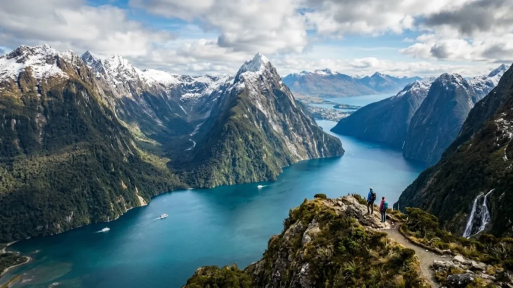 Best places to visit in New Zealand featuring Queenstown's Lake Wakatipu, Milford Sound fjord, Rotorua geothermal park, and Auckland Sky Tower collage