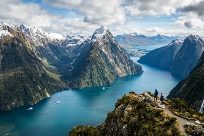Best places to visit in New Zealand featuring Queenstown's Lake Wakatipu, Milford Sound fjord, Rotorua geothermal park, and Auckland Sky Tower collage