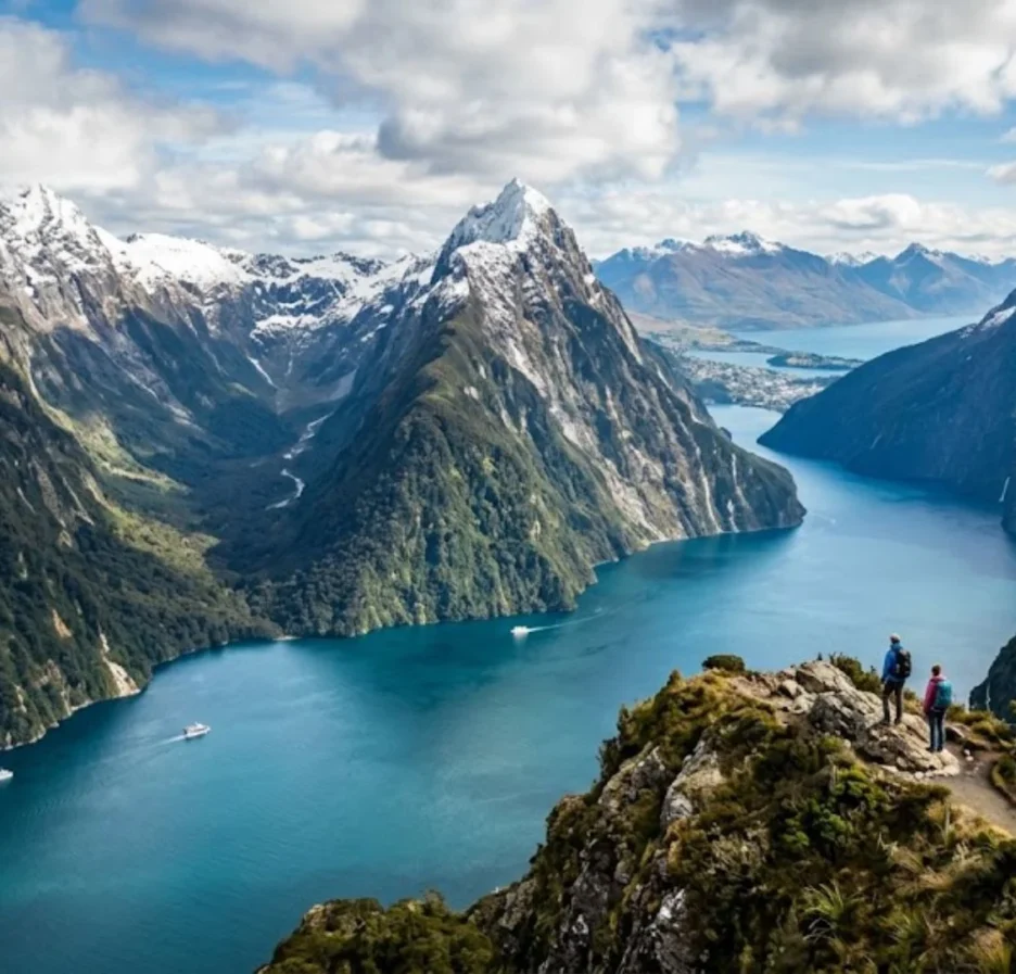 Best places to visit in New Zealand featuring Queenstown's Lake Wakatipu, Milford Sound fjord, Rotorua geothermal park, and Auckland Sky Tower collage
