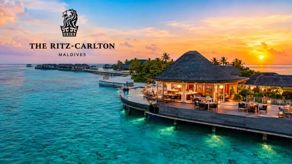 The Ritz-Carlton Maldives luxury island resort with overwater villas and sunset dining restaurant