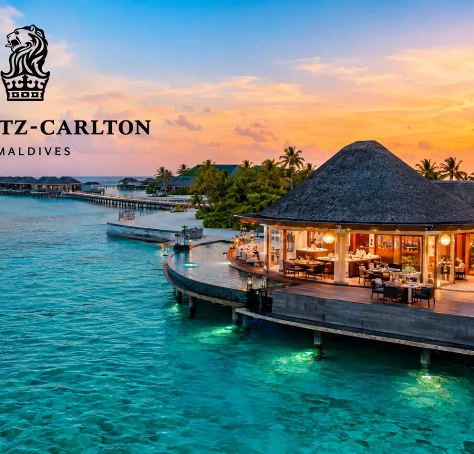 The Ritz-Carlton Maldives luxury island resort with overwater villas and sunset dining restaurant